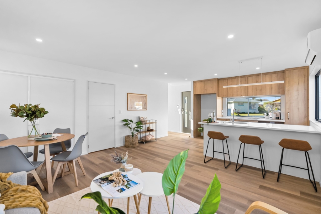 Living area in 3-bedroom 4-unit townhouse development at Dunluce Place, Hornby