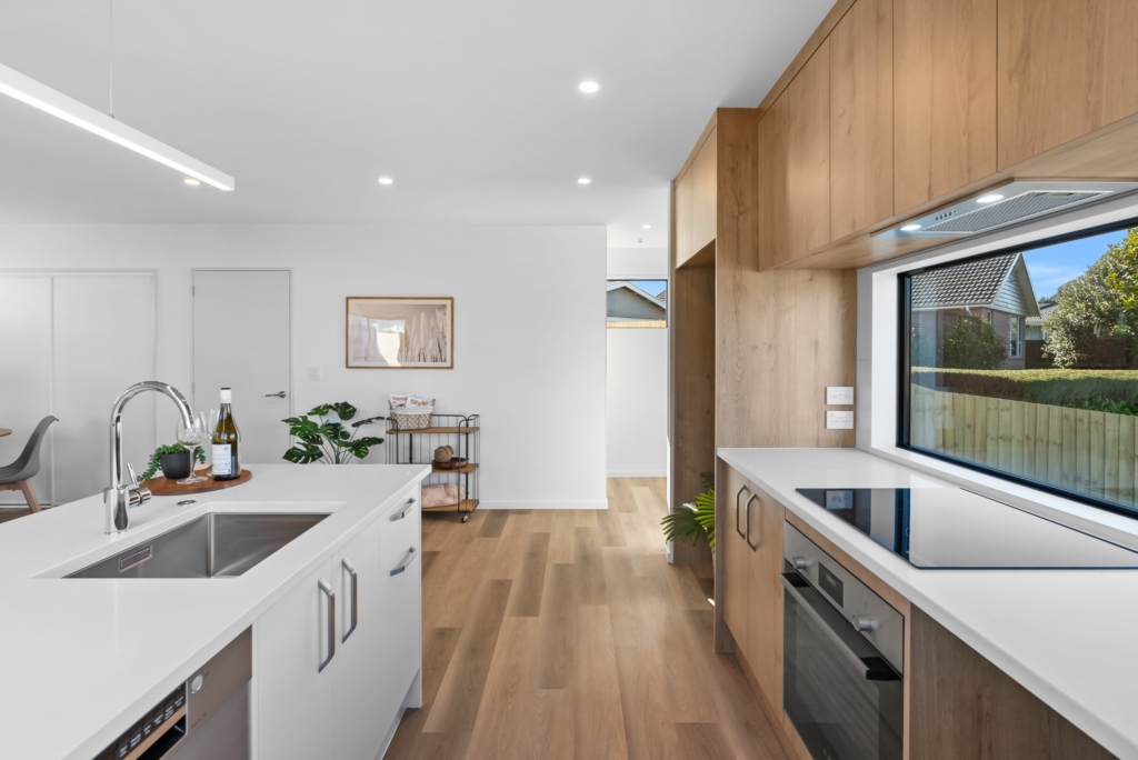 Kitchen in 3-bedroom 4-unit townhouse development at Dunluce Place, Hornby