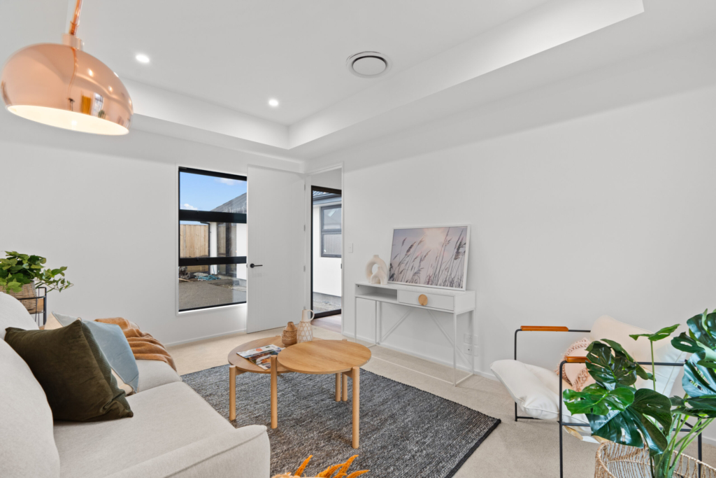Living area in 4-bedroom 2-bathroom custom home at Cork Street, Halswell