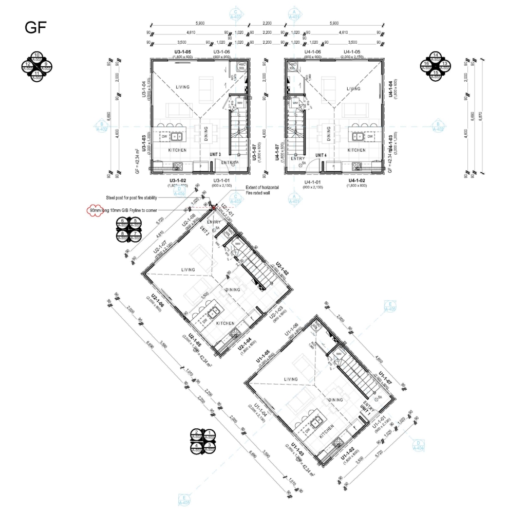 Floor plan for 3-bedroom 4-unit townhouse development at Dunluce Place, Hornby