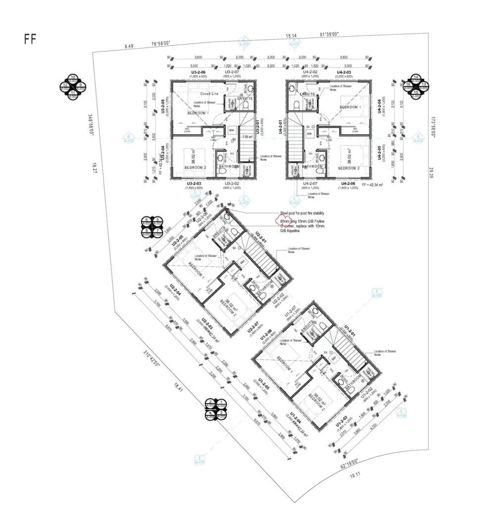 Floor plan for 3-bedroom 4-unit townhouse development at Dunluce Place, Hornby