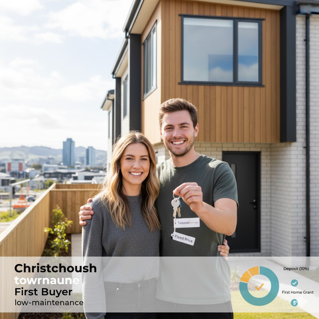 Christchurch townhouse first buyer smiling with keys in front of a new Tailoredhomes low-maintenance property