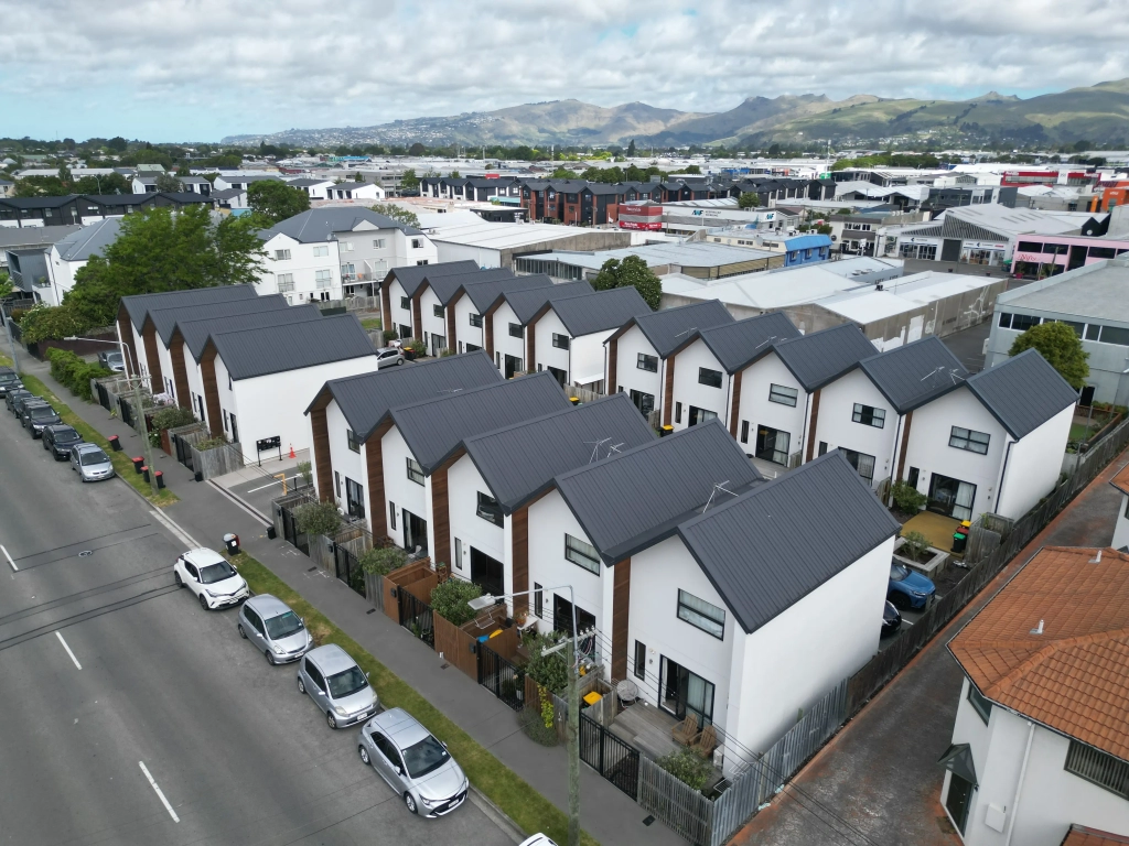 Exterior of 2-bedroom 19-unit townhouse development at Hereford Street, CHCH CBD