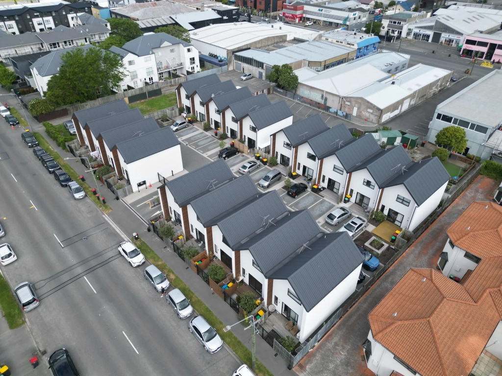 Exterior of 2-bedroom 19-unit townhouse development at Hereford Street, CHCH CBD