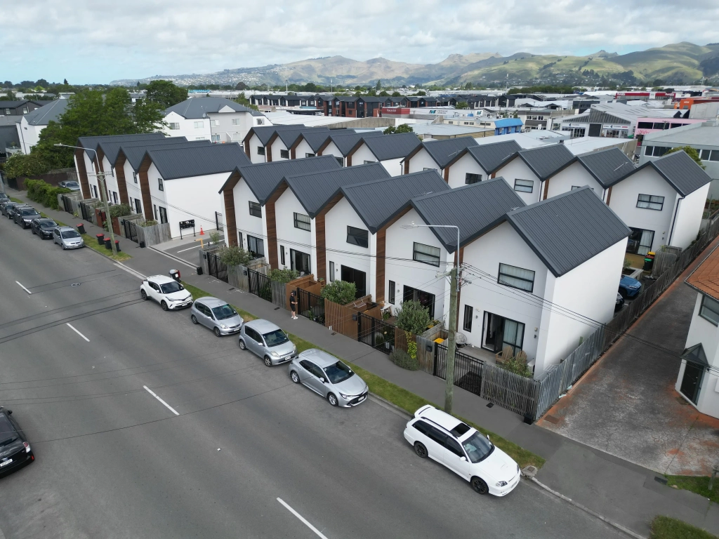 Exterior of 2-bedroom 19-unit townhouse development at Hereford Street, CHCH CBD