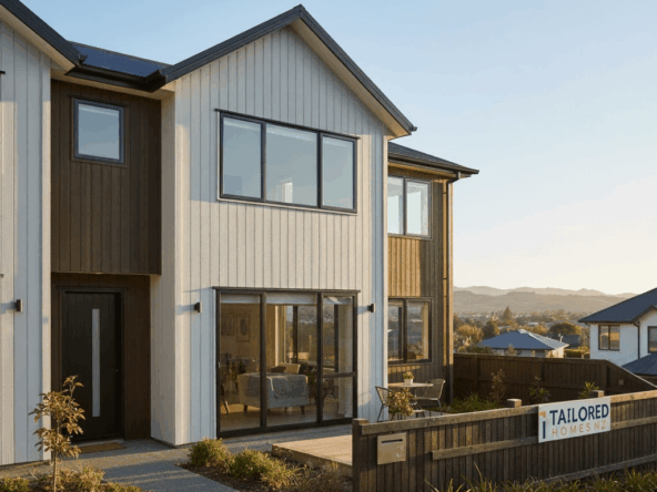 Christchurch townhouse exterior, modern new-build by Tailoredhomes. Focus on the two-story design, clean lines, and dark/white cladding, highlighting the low-maintenance living benefits for a First Home Buyer