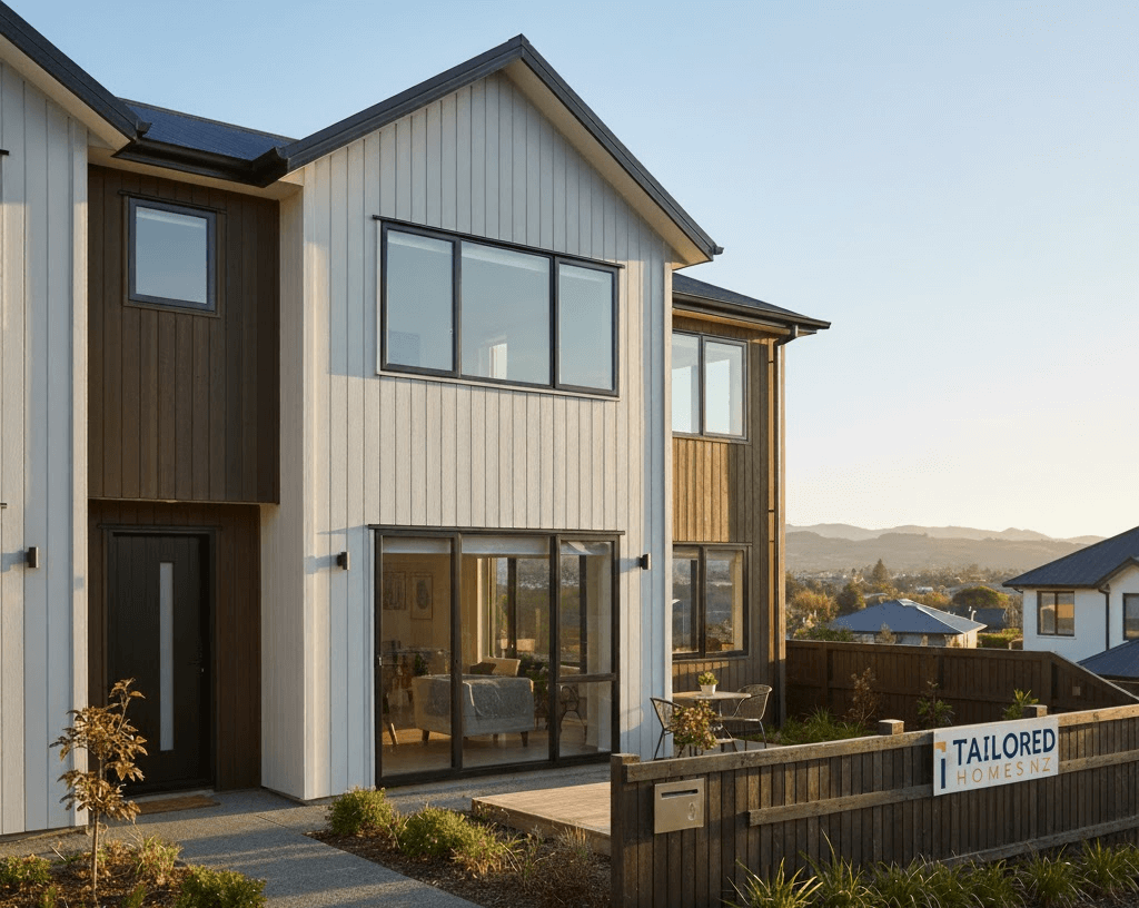 Christchurch townhouse exterior, modern new-build by Tailoredhomes. Focus on the two-story design, clean lines, and dark/white cladding, highlighting the low-maintenance living benefits for a First Home Buyer
