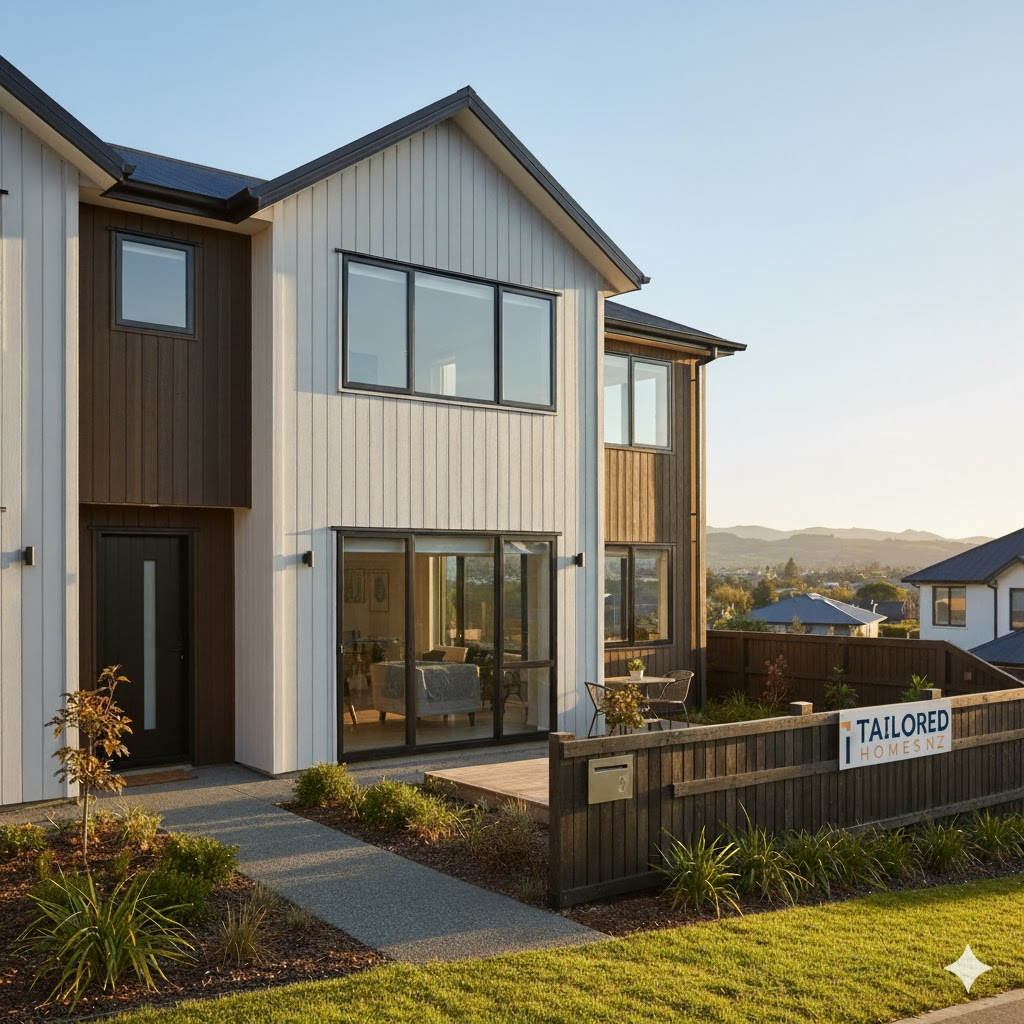 Christchurch townhouse exterior, modern new-build by Tailoredhomes. Focus on the two-story design, clean lines, and dark/white cladding, highlighting the low-maintenance living benefits for a First Home Buyer