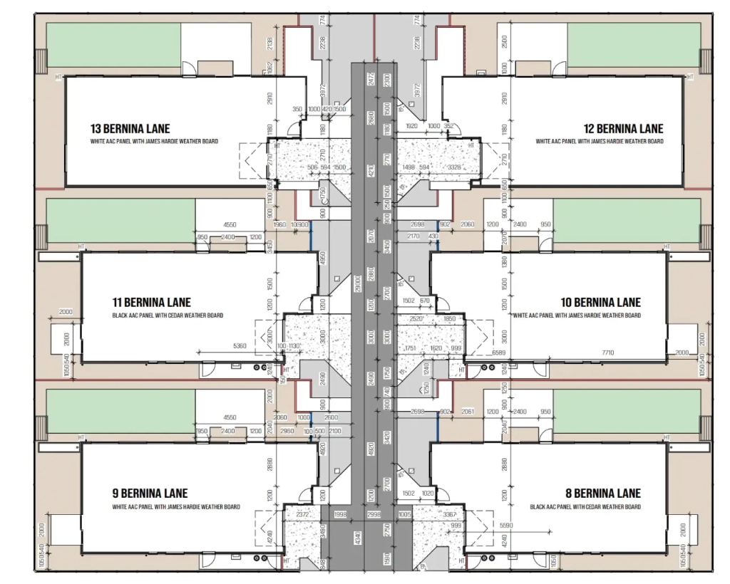 Floor plan for 3-bedroom 6-unit townhouse development at Bernina Lane, Wigram
