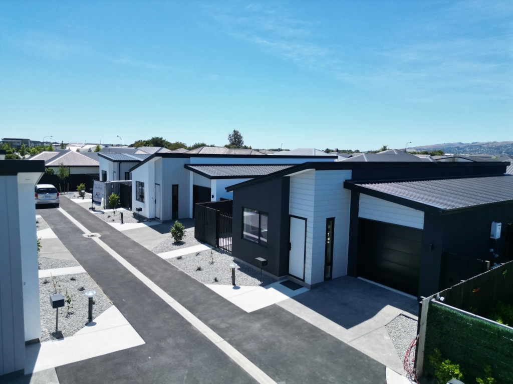 Exterior of 3-bedroom 6-unit townhouse development at Bernina Lane, Wigram