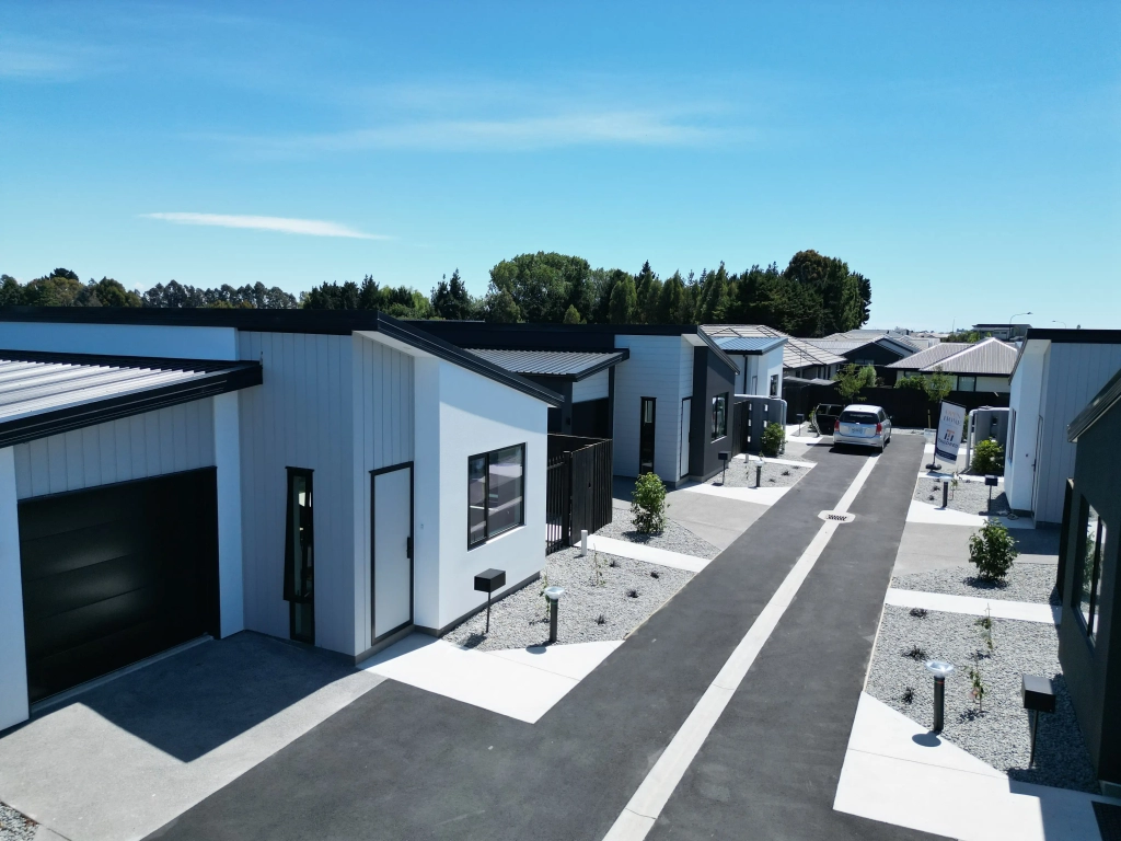 Exterior of 3-bedroom 6-unit townhouse development at Bernina Lane, Wigram