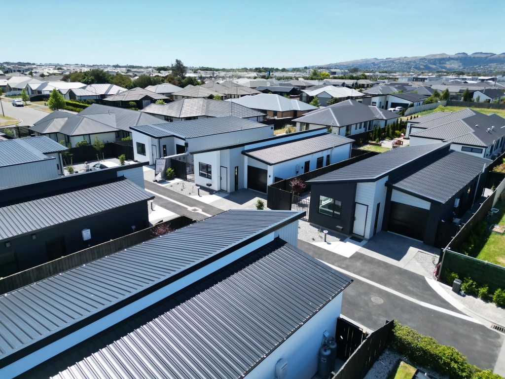 Exterior of 3-bedroom 6-unit townhouse development at Bernina Lane, Wigram
