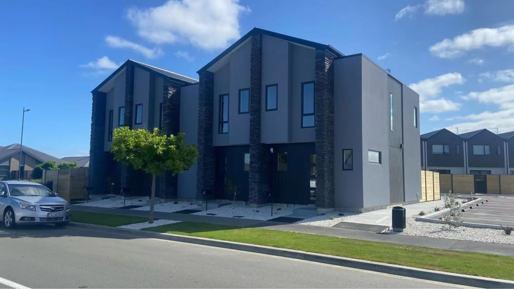 Exterior of 2-bedroom 15-unit townhouse development at Deal Street, Wigram
