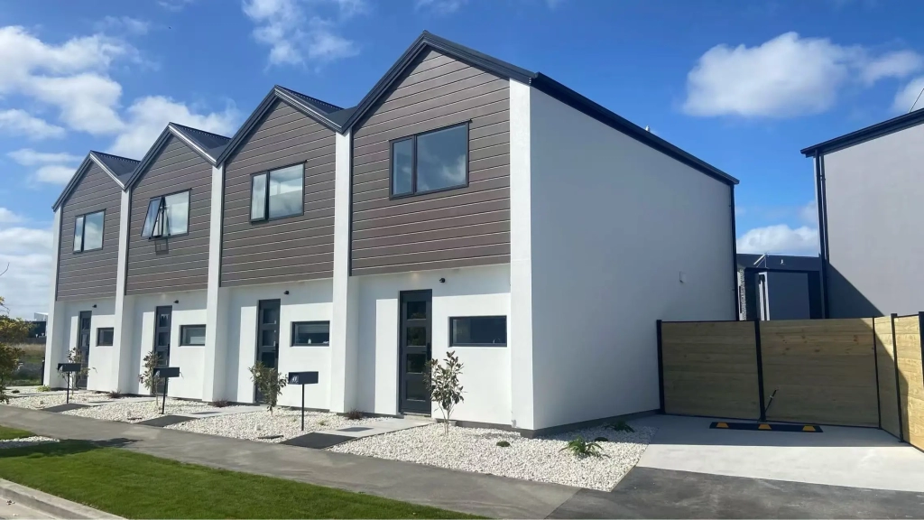 Exterior of 2-bedroom 15-unit townhouse development at Deal Street, Wigram