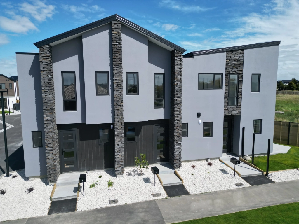 Exterior of 2-bedroom 15-unit townhouse development at Deal Street, Wigram