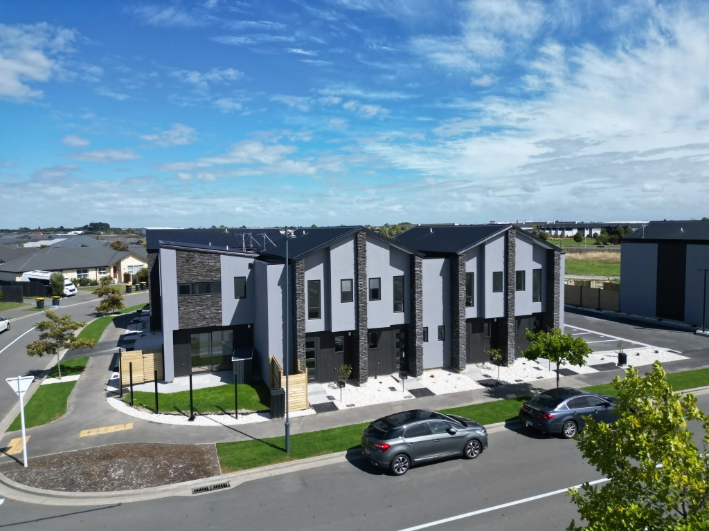 Exterior of 2-bedroom 15-unit townhouse development at Deal Street, Wigram