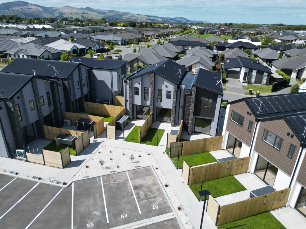 Exterior of 2-bedroom 15-unit townhouse development at Deal Street, Wigram