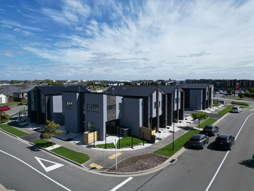 Exterior of 2-bedroom 15-unit townhouse development at Deal Street, Wigram