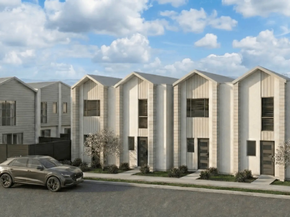 Modern townhouse exterior rendering of Four Seasons Estate Wigram by Tailored Homes NZ, located at Wigram Christchurch