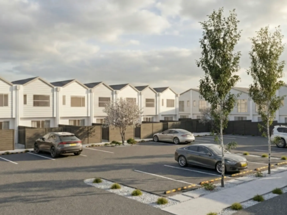 Modern townhouse exterior rendering of Four Seasons Estate Wigram by Tailored Homes NZ, located at Wigram Christchurch