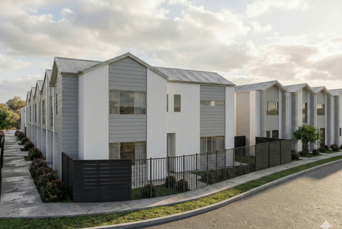 Modern townhouse exterior rendering of Four Seasons Estate Wigram by Tailored Homes NZ, located at Wigram Christchurch