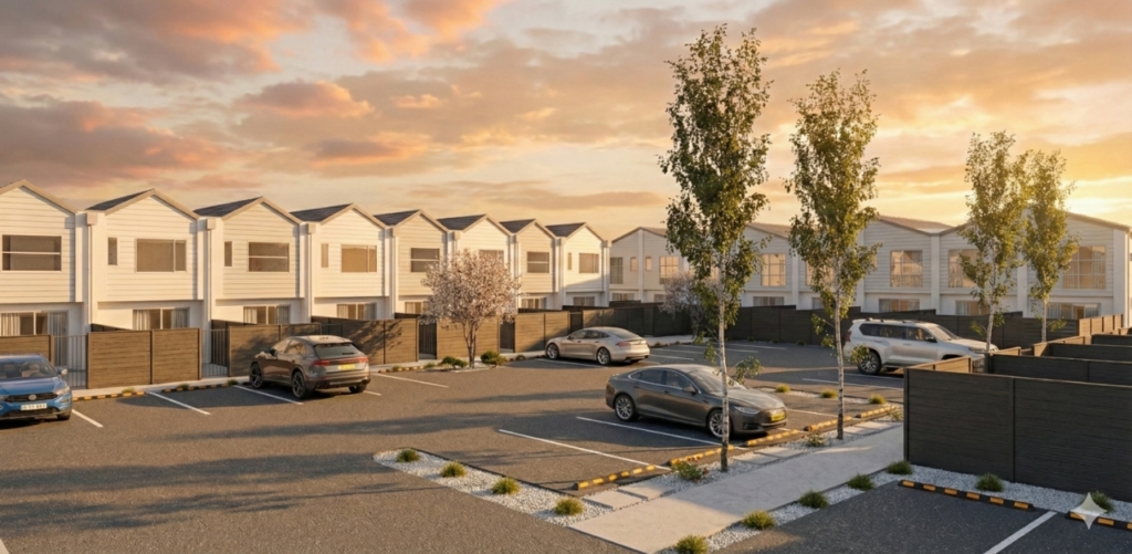 Modern townhouse exterior rendering of Four Seasons Estate Wigram by Tailored Homes NZ, located at Wigram Christchurch