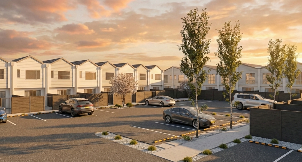 Modern townhouse exterior rendering of Four Seasons Estate Wigram by Tailored Homes NZ, located at Wigram Christchurch