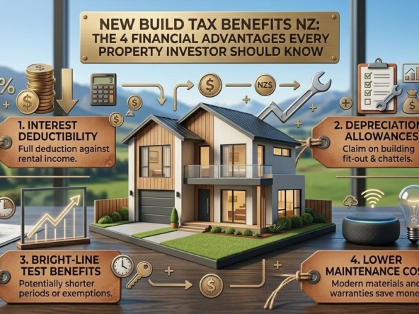 Infographic showing 4 NZ new build tax benefits: interest deductibility, depreciation allowances, bright-line test benefits, and lower maintenance costs, with a modern townhouse model and New Zealand mountain backdrop