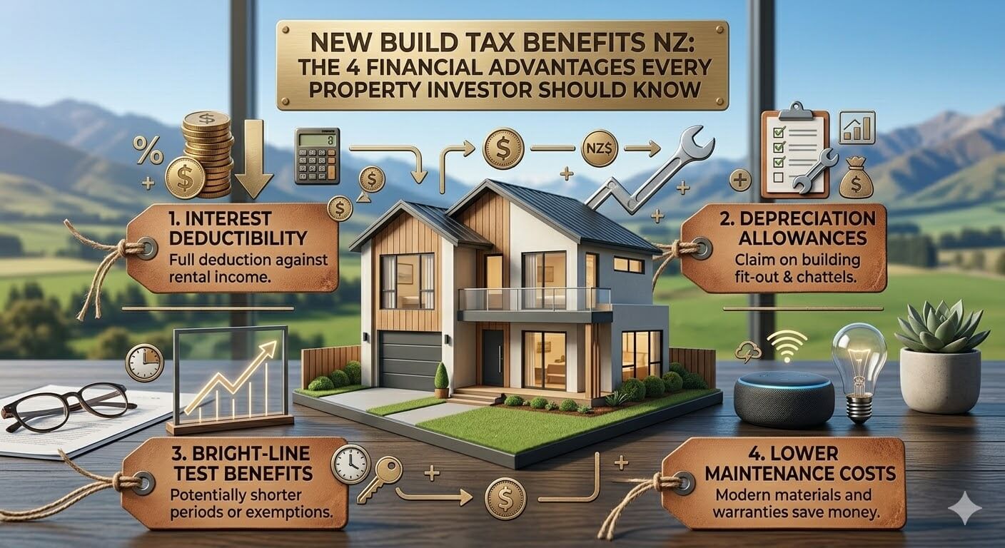 Infographic showing 4 NZ new build tax benefits: interest deductibility, depreciation allowances, bright-line test benefits, and lower maintenance costs, with a modern townhouse model and New Zealand mountain backdrop