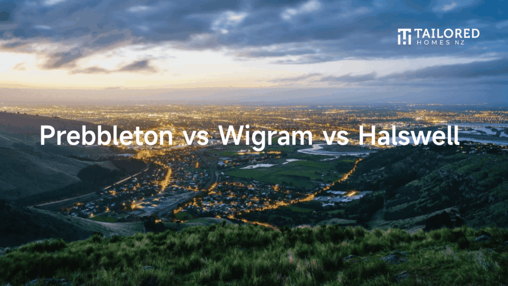 Aerial view of southwest Christchurch at dusk showing Prebbleton, Wigram, and Halswell suburbs with city lights and Port Hills in the foreground