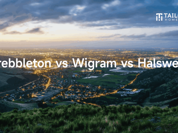 Aerial view of southwest Christchurch at dusk showing Prebbleton, Wigram, and Halswell suburbs with city lights and Port Hills in the foreground