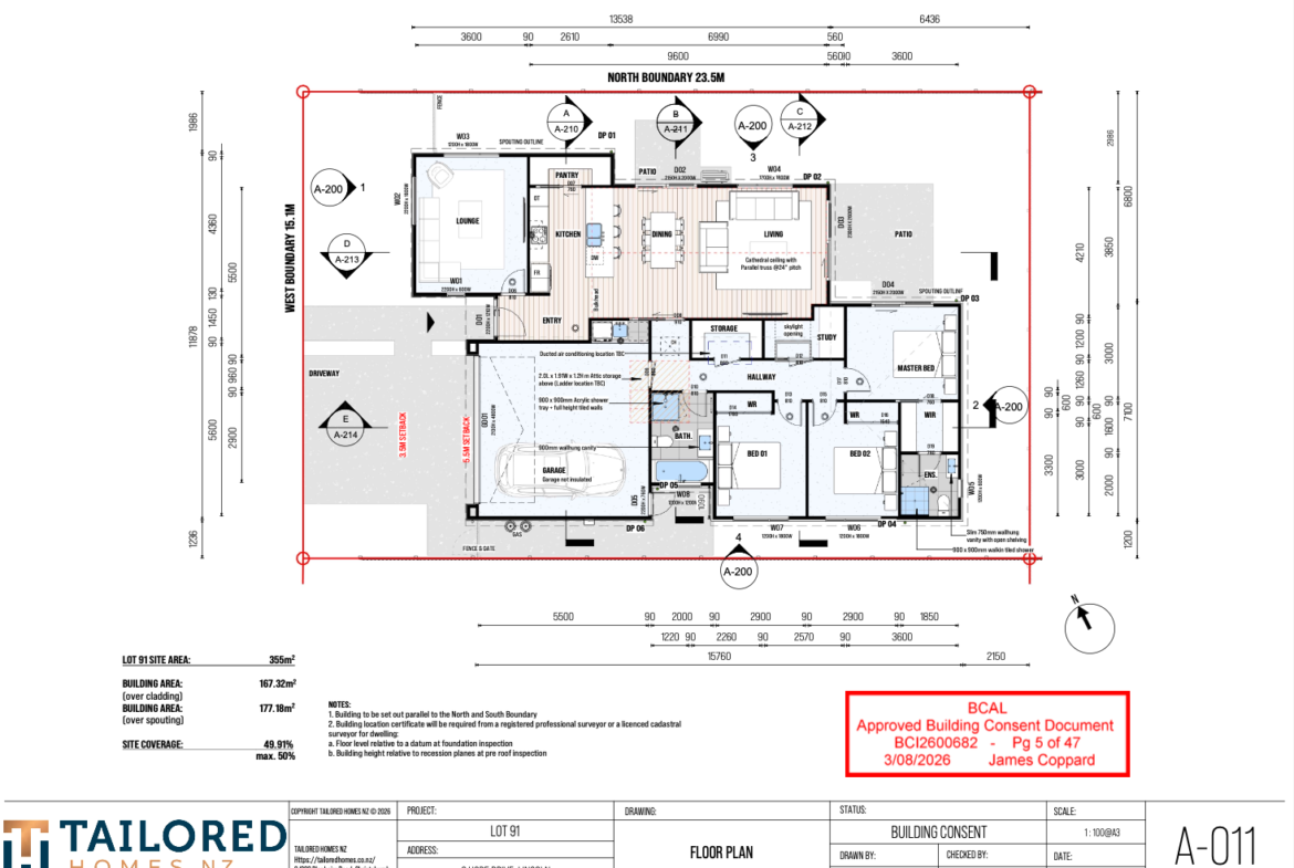 Floor plan for Lot 91 at 8 Hope Drive, Earlsbrook, Lincoln, showing three bedrooms, two bathrooms, two living areas, a study and double garage