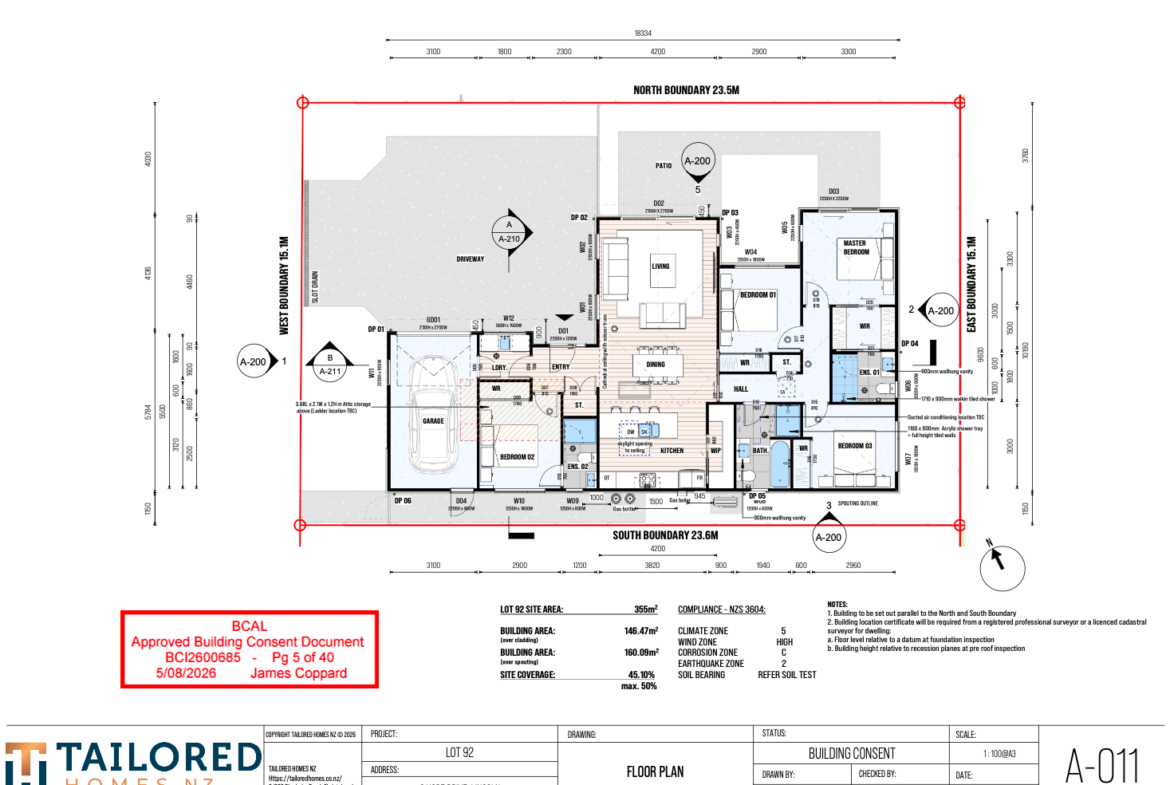 Floor plan for Lot 92 at 6 Hope Drive, Earlsbrook, Lincoln, showing four bedrooms, three bathrooms, open-plan living and a single garage